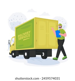 Illustration of a delivery service using a box truck, preparation for cargo delivery concept