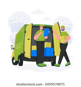 Illustration of a delivery service using a van, shipping checklist loading process concept