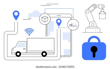 Ilustração de um caminhão de entrega, ícones de localização, tablet, braço robótico e uma fechadura. Ideal para logística, gerenciamento da cadeia de fornecimento, tecnologia, automação e segurança. Limpar estilo de arte de linha