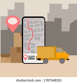 the illustration of Delivery truck with  phone. Delivery service concept. Vector illustration