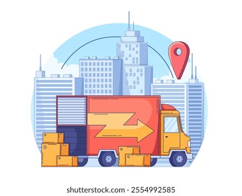 Illustration of a delivery truck with skyscrapers in background. Several packages are stacked around the truck, suggesting a delivery or moving service. 
Perfect for landing page, social media, web