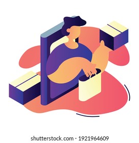 Illustration of delivery using an online service. A man with a product leans out from a smartphone. Order delivery using the app. Vector illustration on a white background, isometry.