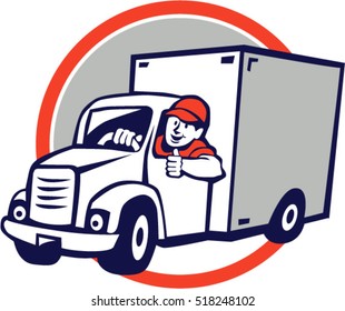 Illustration of a delivery van driver driving doing a thumbs up set inside circle done in cartoon style. 