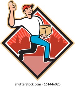 Illustration of a delivery worker delivering parcel package carton showing okay hand sign on isolated white background done in cartoon style.