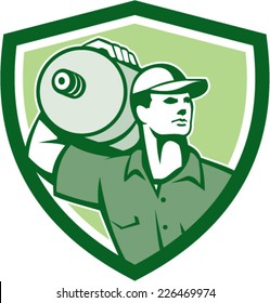 Illustration Of A Delivery Worker Holding Water Jug Container On Shoulder Delivering Set Inside Shield Crest On Isolated Background Done In Retro Style.