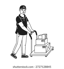 Ilustración de un repartidor moviendo cajas usando un camión de mano. El trabajador lleva un atuendo informal y una gorra, sonriendo mientras empuja el carro.