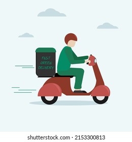 Illustration of deliveryman riding on scooter with box. Delivery man riding a red scooter illustration. Ecological Food delivery man vector