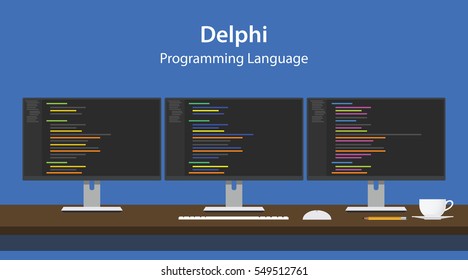Illustration of Delphi programming language code displayed on three monitor in a row at programmer workspace