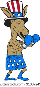 Illustration of a democrat donkey boxer mascot of the democratic grand old party gop wearing gloves and hat with stars and stripes design in a fighting stance pose done in cartoon style. 