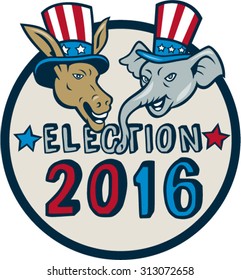 Illustration of democrat donkey head mascot and republican elephant head mascot  wearing hat with stars and stripes design set inside circle with the words Election 2016.