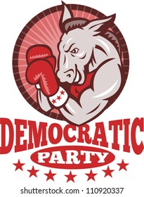 Illustration of a democrat donkey mascot of the democratic grand old party gop boxer boxing with gloves set inside circle done in retro style.