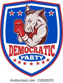 Illustration of a democrat donkey mascot of the democratic grand old party gop boxer boxing with gloves set inside shield done in retro style.