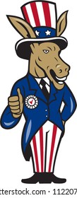 Illustration of a democrat donkey mascot of the democratic grand old party gop wearing hat showing thumbs up and American stars and stripes flag suit done in cartoon style.