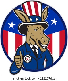 Illustration of a democrat donkey mascot of the democratic grand old party gop wearing hat and suit thumbs up set inside American stars and stripes flag circle done in cartoon style.