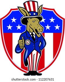 Illustration of a democrat donkey mascot of the democratic grand old party gop wearing hat and suit thumbs up set inside American stars and stripes flag shield done in cartoon style.