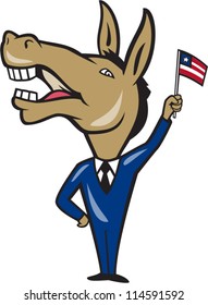 Illustration Of A Democrat Donkey Mascot Of The Democratic Party Waving  American Stars And Stripes Flag Done In Cartoon Style.