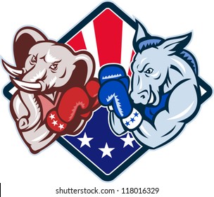 Illustration of a democrat donkey mascot of the democratic and republican elephant boxer boxing with gloves set inside diamond with American stars and stripes flag cartoon style.