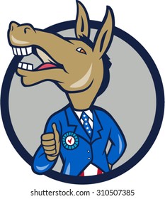 Illustration of a democrat donkey mascot of the democratic grand old party gop showing thumbs up looking to the side wearing american stars and stripes suit done in cartoon style set inside circle.