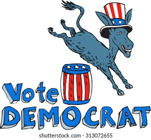 Illustration of a democrat donkey mascot of the democratic grand old party gop wearing hat jumping over barrel with stars and stripes design set on isolated white background done in cartoon style. 
