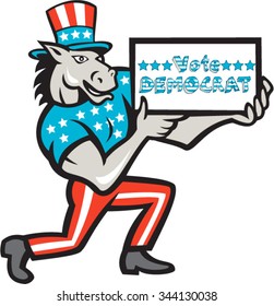 Illustration of a democrat donkey mascot of the democratic grand old party gop wearing American stars and stripes flag clothes and hat presenting holding Vote Democrat sign done in cartoon style.