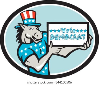 Illustration of a democrat donkey mascot of the democratic grand old party gop wearing American stars and stripes flag shirt hat presenting holding Vote Democrat sign done in cartoon style oval shape