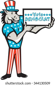 Illustration of a democrat donkey mascot of the democratic grand old party gop wearing American stars and stripes flag clothes and hat holding Vote Democrat sign in cartoon style isolated background. 