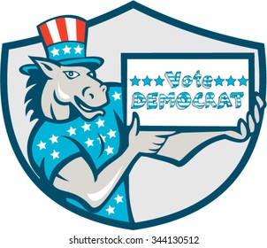 Illustration of a democrat donkey mascot of the democratic grand old party gop wearing American stars and stripes flag shirt hat holding Vote Democrat sign done in cartoon style inside shield crest