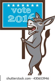 Illustration of a democrat donkey mascot of the democratic grand old party gop smiling holding a sign placard with Vote 2016 and stars set on isolated background done in cartoon style. 