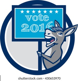 Illustration of a democrat donkey mascot of the democratic grand old party gop smiling holding a sign placard with Vote 2016 and stars set inside circle done in cartoon style. 