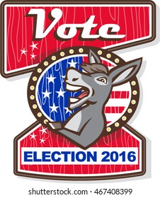 Illustration of a democrat donkey mascot of the democratic grand old party gop smiling looking to the side set inside oval with american stars and stripes flag in background words Vote Election 2016. 