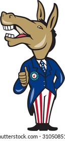 Illustration of a democrat donkey mascot  showing thumbs up looking to the side wearing american stars and stripes suit done in cartoon style.