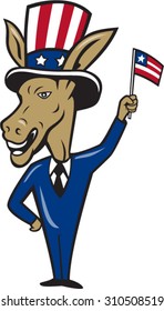 Illustration of a democrat donkey mascot of smiling looking to the side with one hand on hip waving american usa flag up wear american stars and stripes hat and suit cartoon style