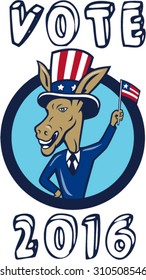 Illustration of a democrat donkey mascot of smiling looking to the side with one hand on hip waving american usa flag up wear american stars and stripes hat and suit cartoon style with words Vote 2016