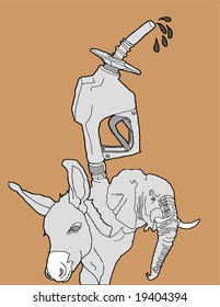 Illustration of a democratic donkey, republican elephant and a gas pump handle. Illustrating the interplay between the two parties and the price of gas in the USA.