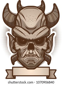 An illustration of a demon with banner.