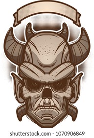 An illustration of a demon with banner.