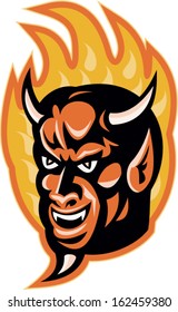Illustration of a demon devil with big horns with fire flames in background done in retro style.