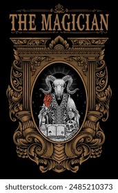 Illustration demon goat skull with engraving ornament frame hand drawn style - Vector Eps 10