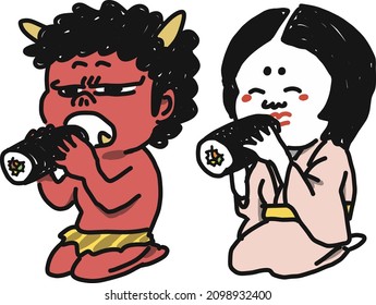 Illustration of a demon and Otafuku eating Ehomaki