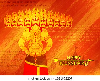 Illustration of Demon Ravana Character and Hindi Text Jai Sri Ram Pattern on Orange Brush Texture Background for Happy Dussehra.