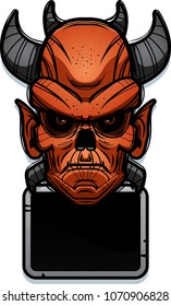 An illustration of a demon with a sign.