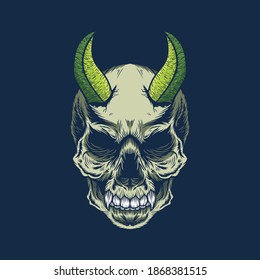 Illustration of demon skull head with green horns detailed vector design