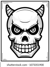 An illustration of a demon skull on a poster.