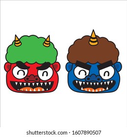 Illustration of a demon used in the traditional Japanese event "Setsubun". Illustration of smiling red demon and blue demon.