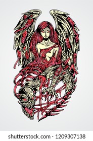 An illustration of demonic creature being reborn into angel. Best use for printed/screenprinted t-shirt, tattoo or poster.