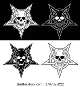 Illustration of demonic skull and intertwined five pointed star with circle, in black and white