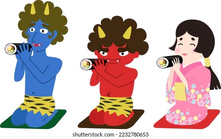 An illustration of demons eating "Ehomaki", a food that makes your wishes come true if you eat it facing the lucky direction on the day of "Setsubun", a traditional Japanese event. Vector illustration