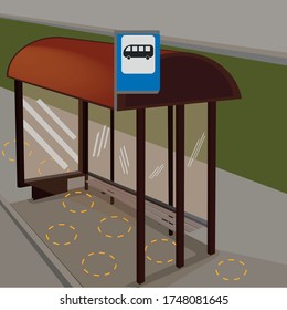 The illustration demonstrates maintaining social distance during quarantine in a public place at a bus stop.