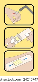 The illustration demonstrates the process of applying a medical plaster to the skin. The instruction provides a detailed explanation of the procedure steps, starting from cleaning the skin area to rem