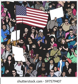 Illustration of demonstrating crowd with american flag and blank signs in color